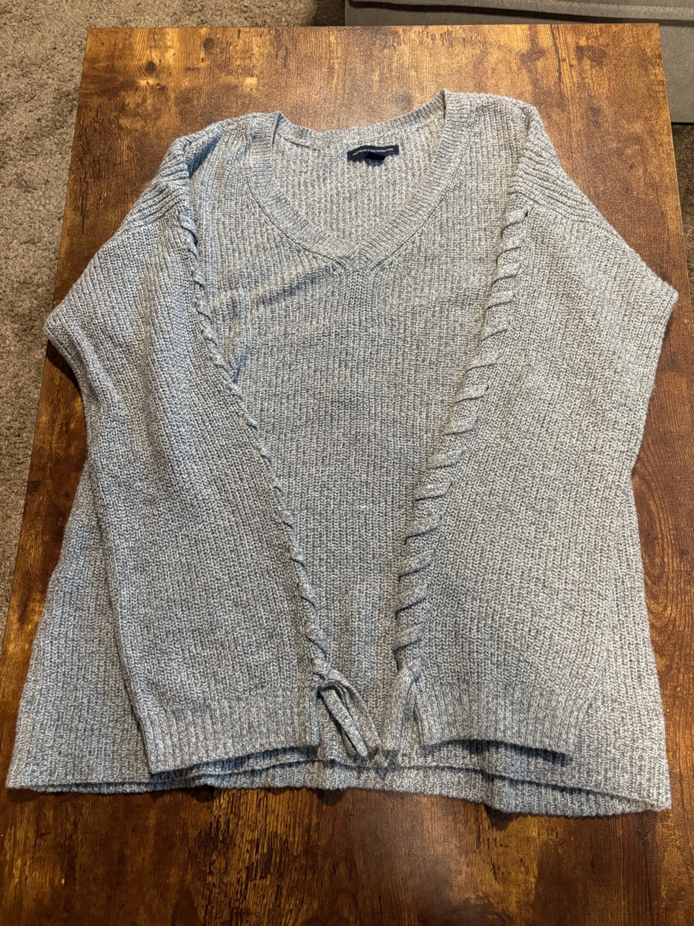 M-American Eagle Light Gray V-Neck Sweater with laced accents on the sleeves